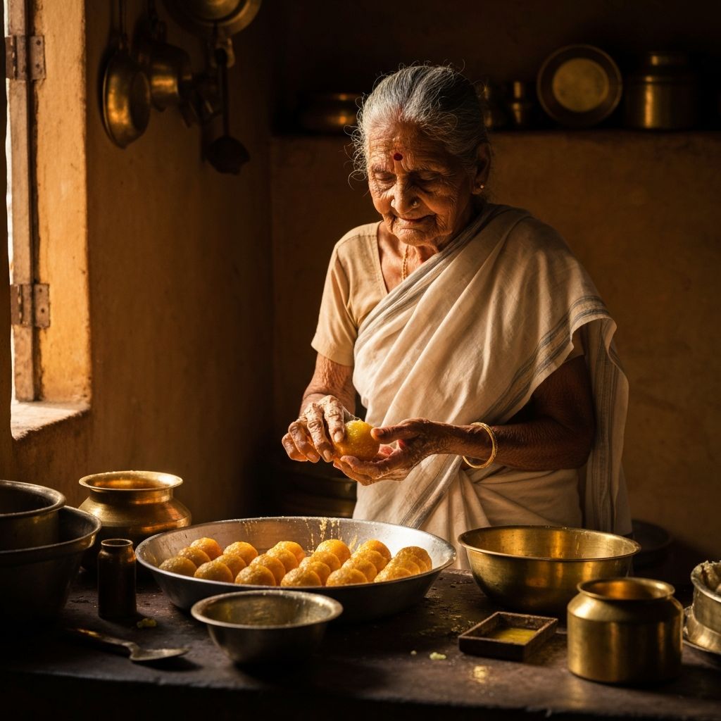Grandmother making traditional ladoos
